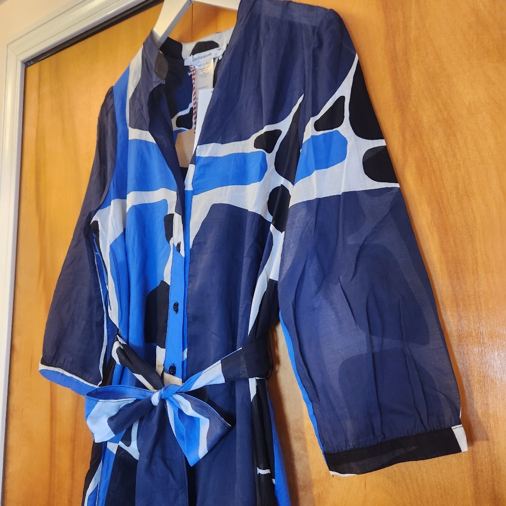 La Fée Marabouté Belted Shirt Dress in Geometric Blue, Size 36/XS/4 US NWT - Picture 6 of 14